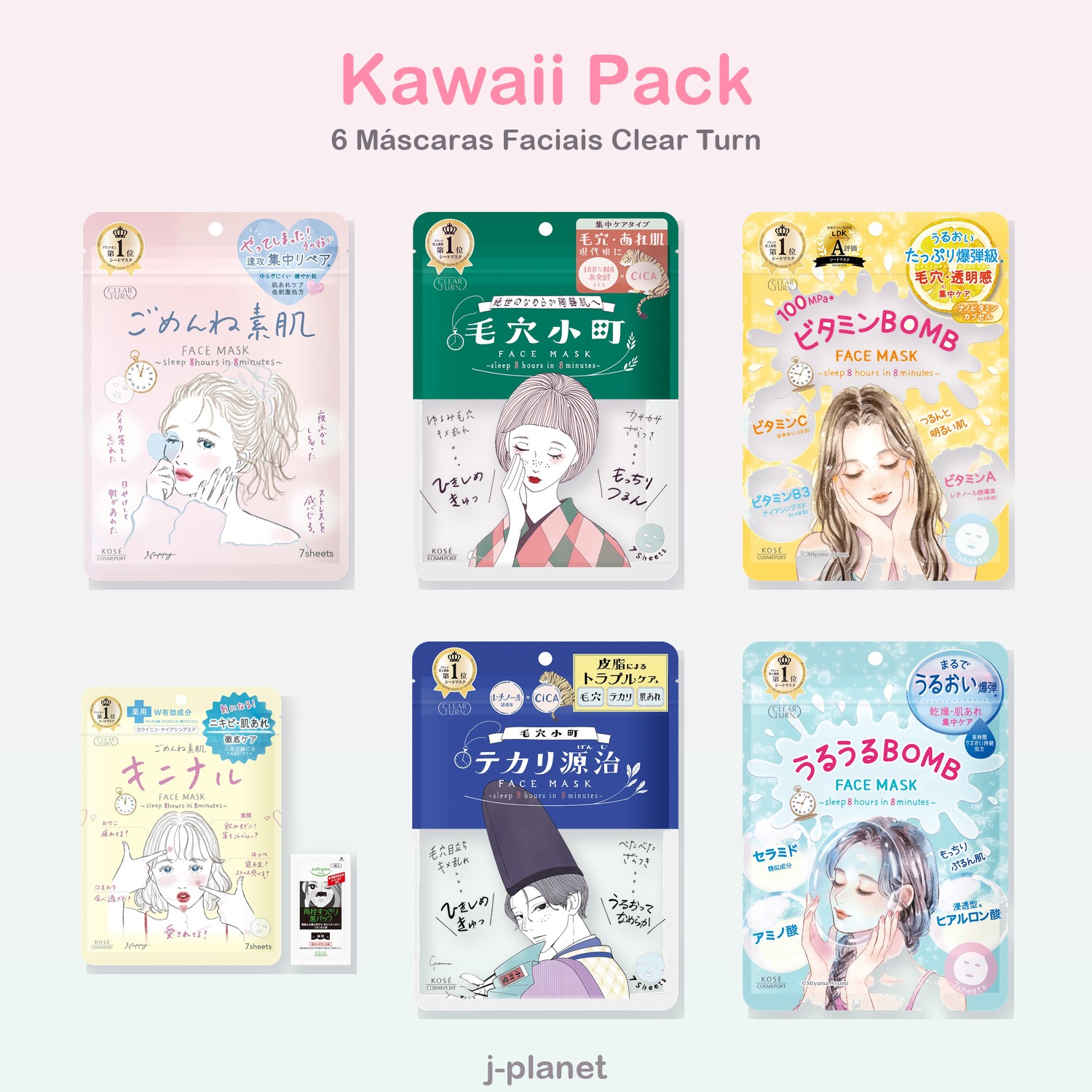 Kit Kawaii Pack - 6 Máscaras Faciais Clear Turn (Edição Ilustrada)